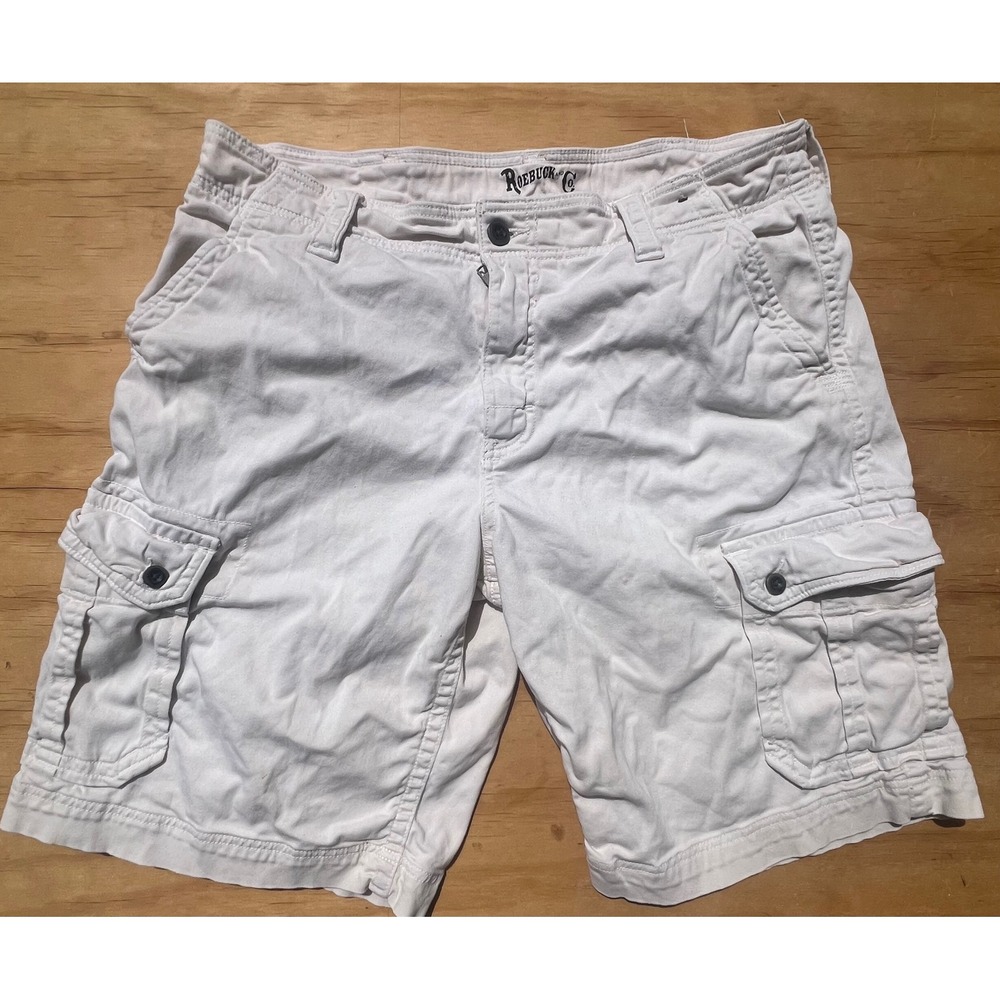 Roebuck & Co Mens Cargo Shorts Off White Cotton Twill Utility Pockets Size 36